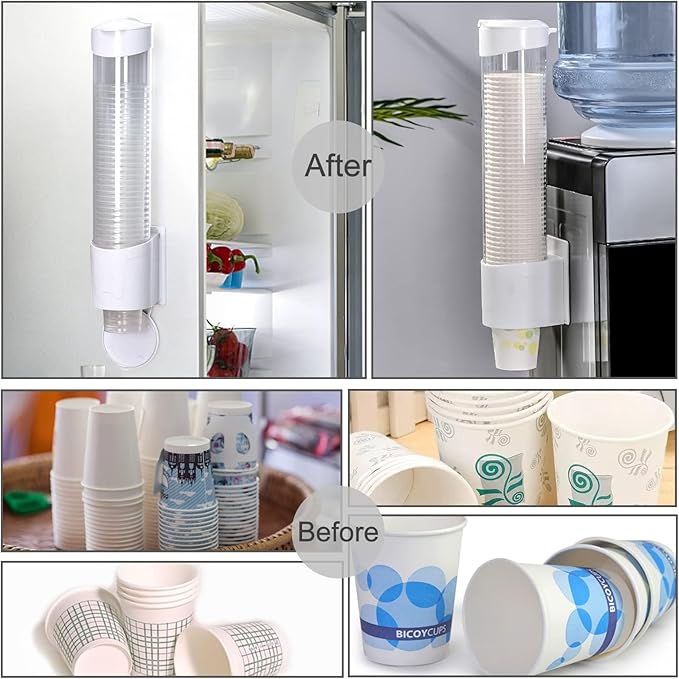 Cup Dispenser, Water Cooler Pull Type Cup Holder Fits 5oz - 7oz Cone or Flat Bottom Cups, Paste or Screw Plate Wall Mount, 15" Tube Length White
