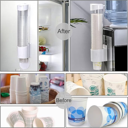 Cup Dispenser, Water Cooler Pull Type Cup Holder Fits 5oz - 7oz Cone or Flat Bottom Cups, Paste or Screw Plate Wall Mount, 15" Tube Length White