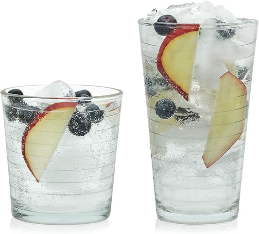 Libbey Hoops Tumbler and Rock Glass Set, Two Sized Nostalgic Retro Glass Cups Set, Dishwasher Safe Glasses Drinking Set of 16 for Any Occasion