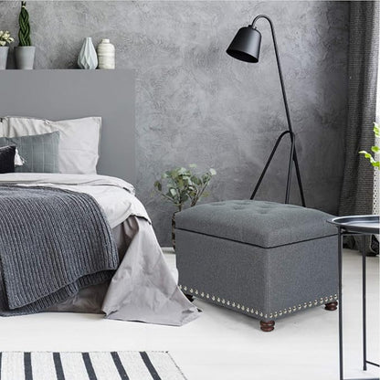 Adeco Classy Linen Blend Fabric Accents Rectangular Storage Bench Ottoman Footstool, Footrest Side Living Room Bedroom Coffee Table, 24x17.5x18, Grey