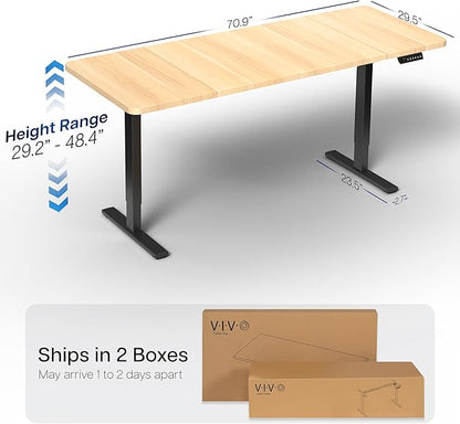 VIVO Electric 71 x 30 in Standing Desk, Memory Height Adjustment, 1B Series, Light Wood Top Black Frame, DESK-KIT-1B7C