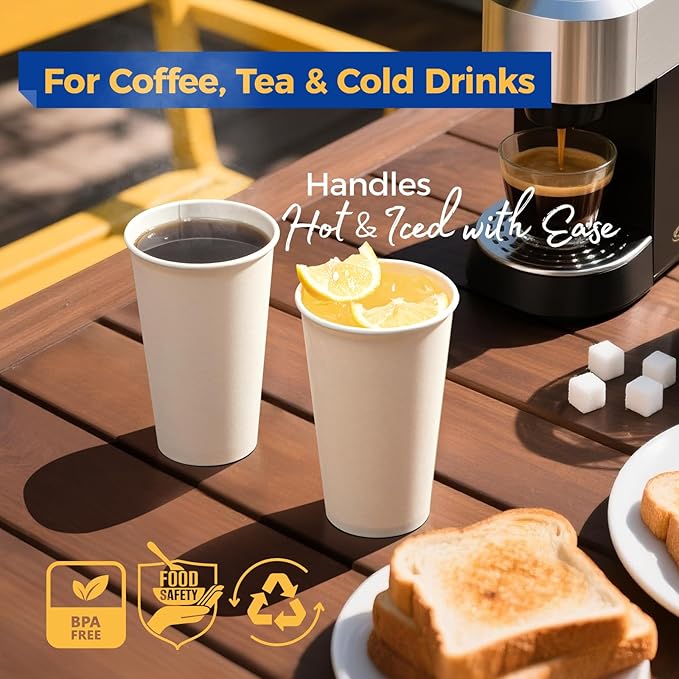 Fit Meal Prep 100 Pack 16 oz Disposable Paper Coffee Cups, Premium Hot Cups for Hot/Cold Beverage, Durable Thickened White Paper Cup Bulk for Party, Office, Bussines, Cafes, Bistros, Daily Use