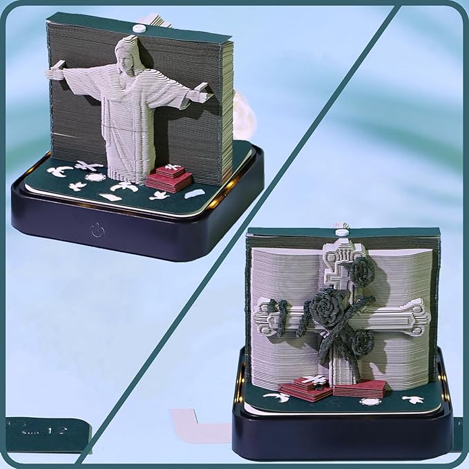 3D Time Piece Calendar 2026 DIY Calendars Tear Away Carving Art 3D Memo Pad Calendar With LED Lights sculpture artsy pads calendar notepad for Desktop Decor-Jesus