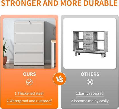 Locking Filing Cabinet with 4 Drawer Heavy Duty Large Metal Cabinet Home Office White Lateral File Cabinets Wide Steel Cabinets for Legal/Letter Size File,Assembly Required