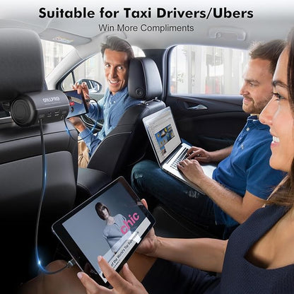 OHLPRO Car Back Seat Charger with Retractable Cables, Headrest Mount Phone Tablet Charger with USB-C PD30W & iOS PD20W Wires, 4-Port Adapter for Uber Taxi Rideshare, with Cigarette Lighter Plug