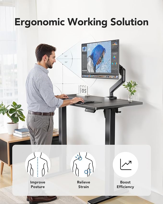 HUANUO 48 x 24 inch Electric Standing Desk, Height Adjustable Table with Headphone Hooks & Cable Manager, Sit to Stand up Desk for Home Office, Black