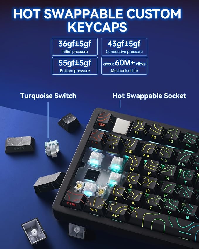 LEOBOG HI75C Pro Mechanical Wireless Keyboard, 75% TKL RGB Backlit Buletooth Mechanical Keyboard with Hot Swappable Reaper Switch for MAC/Window/Andriod/PC Gaming - Turquoise Switch, Black