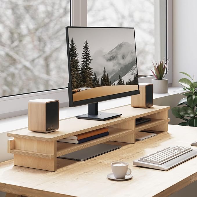 Fenge Dual Monitor Stand, 39.4in Wood Monitor Riser for 2 Monitors, 2 Tiers Desk Shelf with Cable Mangement for Top of Desk, Computer Stand for Laptop, PC, Printer
