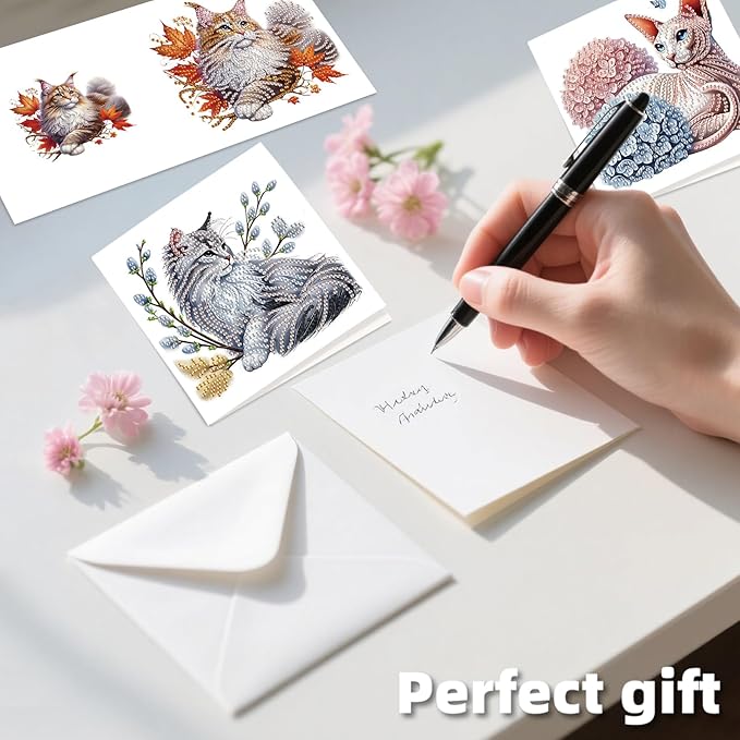 jinglinhh 12pcs Sphynx Cat Diamond Art Painting Kitten in the Flower Garden Greeting Cards with Envelopes, DIY Card Making Kits for Adults, Diamond Art Christmas Birthday Holiday cards Craft Gifts