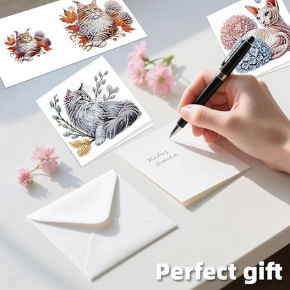 jinglinhh 12pcs Sphynx Cat Diamond Art Painting Kitten in the Flower Garden Greeting Cards with Envelopes, DIY Card Making Kits for Adults, Diamond Art Christmas Birthday Holiday cards Craft Gifts