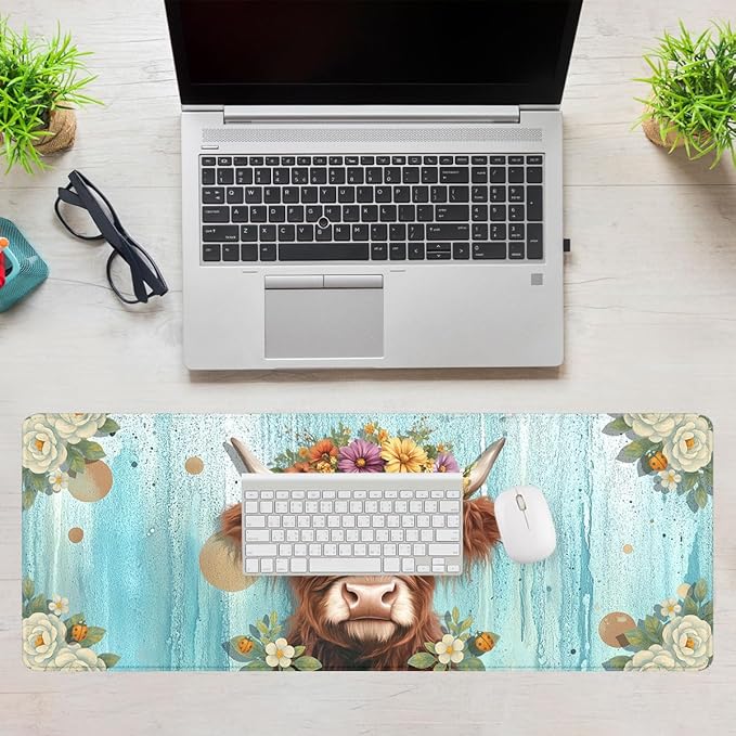 Highland Cow Desk Pad Mouse Pad Floral Farmhouse Flower Crown Mousepad XL Large Gaming Mouse Pad Laptop Keyboard Mat Desk Pad 31.5"x11.8"