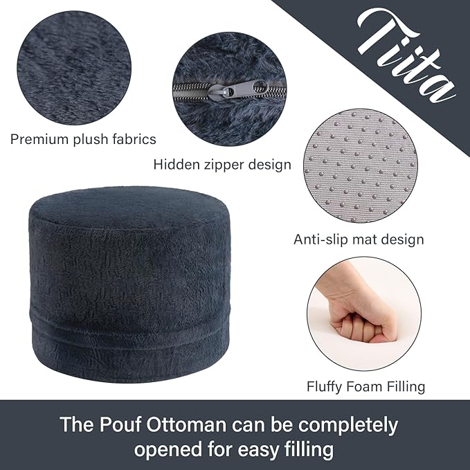 Tiita Stuffed Pouf Ottoman, Round Foot Stool Fluffy Floor Poufs Chair for Living Room Bedroom, Filled Boho Foot Rest for Couch, Blue-Grey