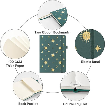 A5 Hardcover Bullet Dotted Journal, 160 Pages 100 gsm Thick Paper, 3 Sheets of Stickers Included - 5.7'' x 8'' (Celestial Green)
