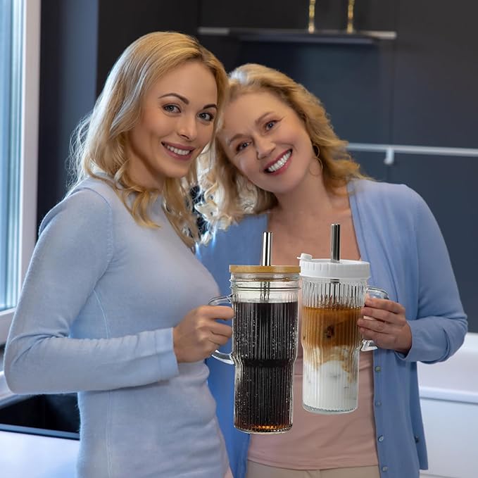 24oz Ribbed Glass Tumbler With Handle,4Pack Glass Cup with Lids and Straws,Reusable Glass Iced Coffee Cups With lids,Mason Jar Cup&Drinking Glasses for Smoothie,Shake,Juice,Soda Water,Tea,Travel Cup