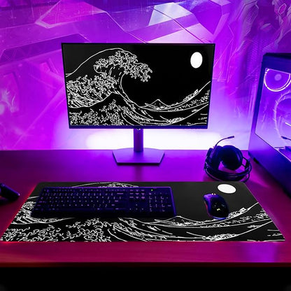 Japanese Sea Wave Gaming Mouse Pad 27.6x11.8 Inch Anime Black Large Mousepad Extended Kanagawa Mousepad Gaming Non-Slip Rubber Base Stitched Edges Keyboard Mouse Mat Desk Pad for Office Home Game