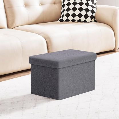 PINPLUS Storage Ottoman Cube Sherpa Ottoman Foot Rest,Small Foldable Portable Boucle Ottomans, Faux Teddy Fur, Grey 16.5"x12.6"x12.6"