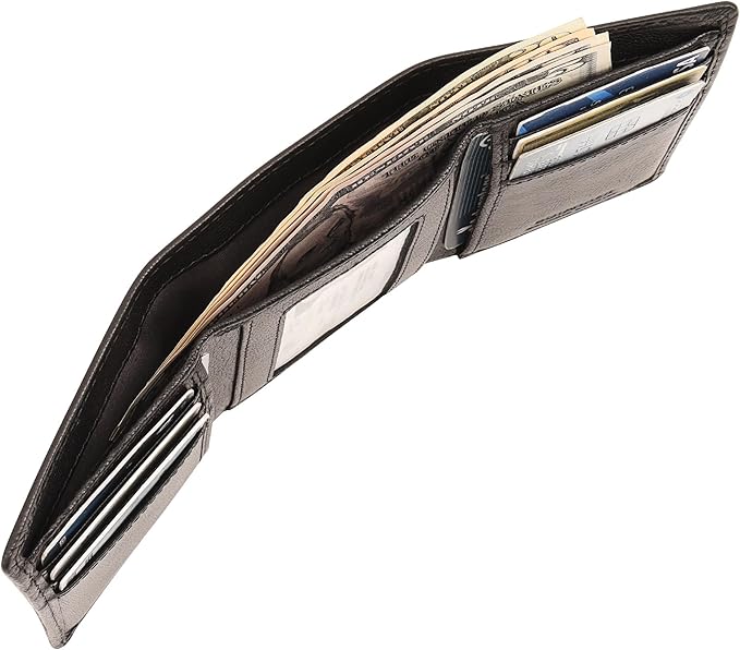 Genuine Leather Mens Trifold Wallet RFID Blocking 6 Credit Card Slots 1 ID Window Section for Bills 2 Hidden Pockets | Ink Black