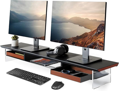 Fenge Acrylic Monitor Stand, 2 Tier Dual Monitor Riser with Solid Wood Drawers, 42.5 Inch Computer Stand for Two 27 Inch Monitors, Desk Shelf for PC, Laptop, Printer, TV, Black