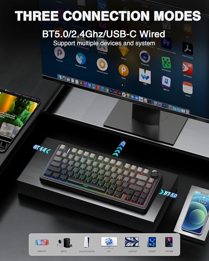 AULA F75 Pro Wireless Mechanical Keyboard,75% Hot Swappable Custom Keyboard with Knob,RGB Backlit,Pre-lubed Reaper Switches,Side Printed PBT Keycaps,2.4GHz/USB-C/BT5.0 Mechanical Gaming Keyboards