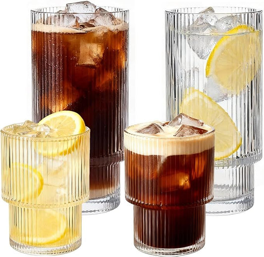Ribbed Drinking Glasses Set of 4, Stackable Cute Kitchen Glasses Cups 16oz and 7oz Iced Coffee Glasses cocktail Glass cup for Water, Beverage, Whiskey