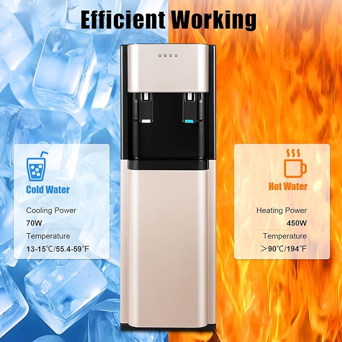 DYRABREST Bottom Loading Water Dispenser 5-Gallon Stainless Steel Water Cooler & Heater, Dual Temperature Floor Standing Electric Water Cooler with Heating and Cooling Functions (Gold)