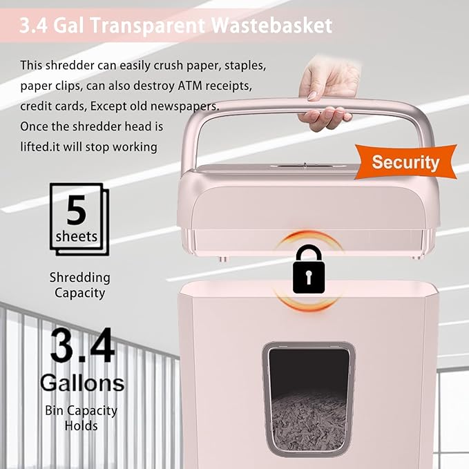 Bonsaii 5-Sheet Crosscut Shredder for Home & Office, Shreds Paper, Credit Cards, Staples & Paper Clips, 3.4-Gallon Pullout Bin, Compact & Stylish in Pink
