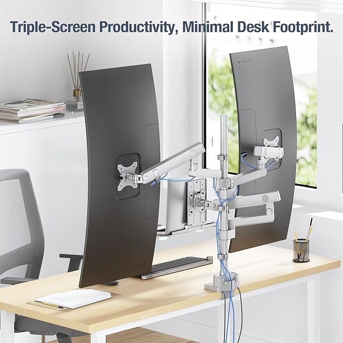 AVLT Laptop & Dual 40 Inch Stacking Monitor Arm Pole Top Mount with USB-C USB-A Ports-Gray, Supports 26.4 lbs (12kg), Ultrawide Screen Fit, VESA Compatible, Multi-Screen, Ergonomic Workspace Upgrade