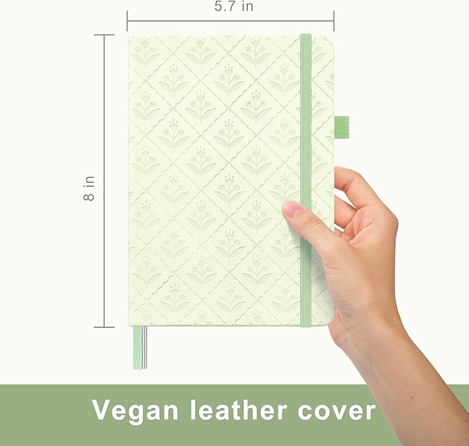 A5 Leather Hardcover, 160 Pages 100GSM Thick Dotted Paper, 3 Sheets of Stickers Included(Light Green)