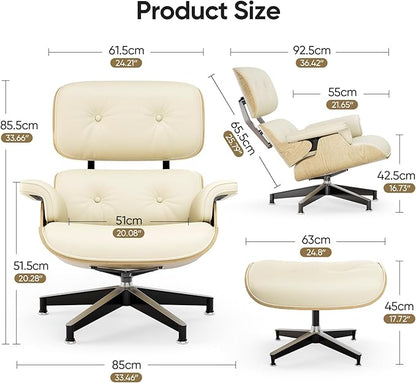 Top Cream White Grain Leather, Mid Century Chaise Lounge Chair and Ottoman, Modern Chair Classic Design, Ash Wood, Heavy Duty Base Support for Living Room Office