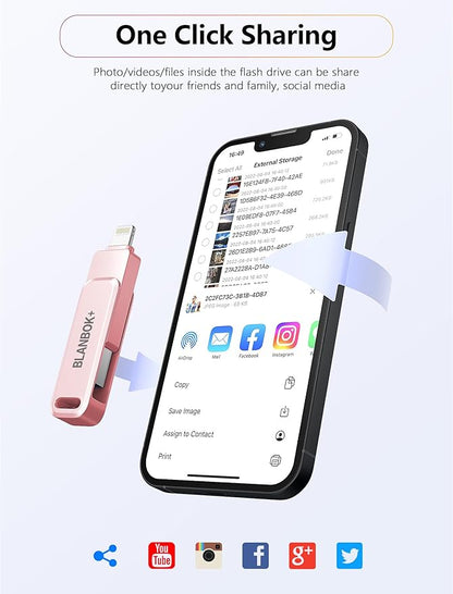 MFi Certified Flash Drive 256GB for iPhone USB Memory Stick Thumb Drives High Speed USB Stick,Photo Stick External Storage for iPhone/iPad/Android/PC（Pink）