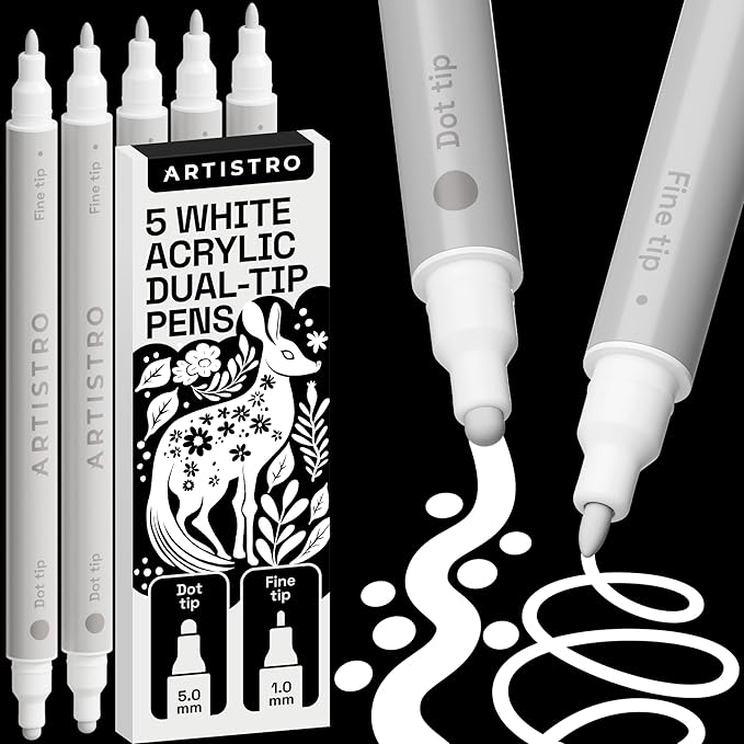 ARTISTRO 5 White Acrylic Paint Markers for Rock, Fabric, Wood, Glass, Decoration - Dual-Tip Paint Pens for Coloring Books for Adults, Teens, Kids - Art and Craft Supplies Kit - Gift Idea
