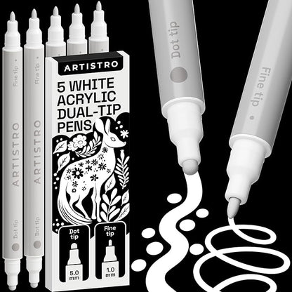 ARTISTRO 5 White Acrylic Paint Markers for Rock, Fabric, Wood, Glass, Decoration - Dual-Tip Paint Pens for Coloring Books for Adults, Teens, Kids - Art and Craft Supplies Kit - Gift Idea