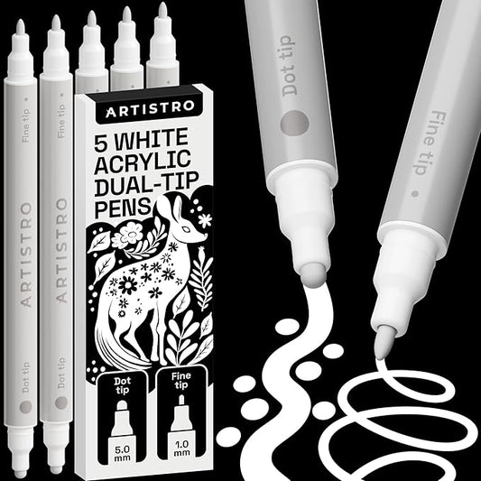 ARTISTRO 5 White Acrylic Paint Markers for Rock, Fabric, Wood, Glass, Decoration - Dual-Tip Paint Pens for Coloring Books for Adults, Teens, Kids - Art and Craft Supplies Kit - Gift Idea