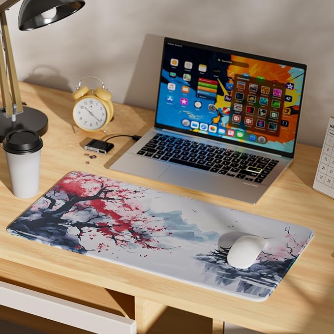 Large Sakura Mouse Pad, Japanese Cherry Blossom Desk Mat, Pink Extended Non-Slip Keyboard Mouse Pad Waterproof Office Desk Pad 23.6"x11.8" Anime Mouse Pads Desktop Protector for Office Home