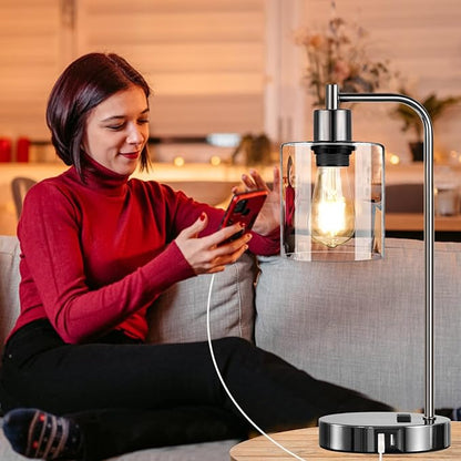 Industrial Touch Control Table Lamps Set of 2 - Black Nickel Bedside Lamps with 2 USB Ports & AC Outlet, 3-Way Dimmable Nightstand Desk Lamp for Bedroom Living Room, Glass Shade & 2 LED Bulbs Included