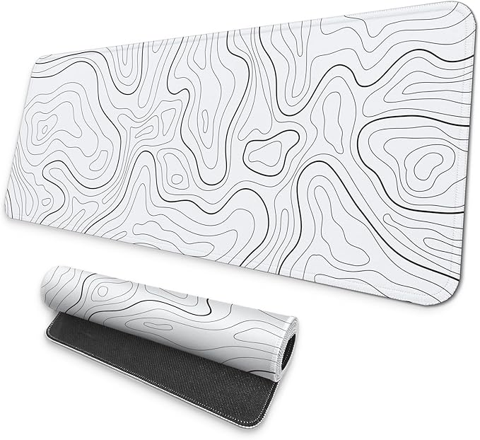 MAY FLOWER Large Gaming Mouse Pad, Full Keyboard Mat, Long Laptop Mousepad, Computer Mouse Mat for Home and Office, Anti-Slip Rubber Base, 31.5 x 11.8 Inches (Grey White Topographic Map)
