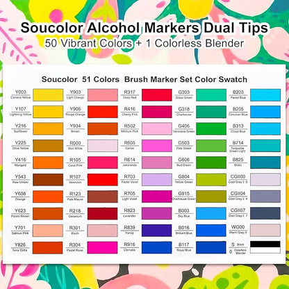 Soucolor 51 Colors Alcohol Markers Brush Tip, Dual Tip Brush & Chisel Alcohol-Based Art Markers, 50 Colors+1 Blender Drawing Coloring Art Supplies for Kids Artists Adults Teen Girl Gifts Trendy Stuff