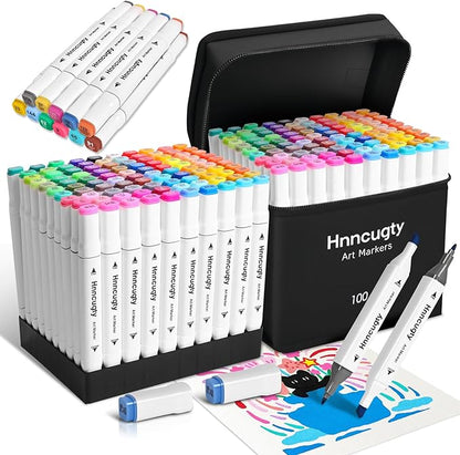 Alcohol Markers Set 100 Colors, Dual Tips Coloring Art Markers Set with Case & Holders, Chisel & Fine Artist Sketch Pens Art Supplies for Adult Coloring Books, Drawing, Painting, Sketching