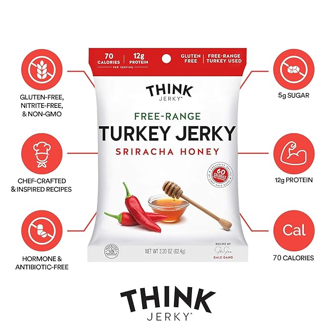 Think Jerky Sriracha Honey Turkey Jerky, High Protein Free-Range Turkey, Gluten Free, No Antibiotics or Nitrates, Healthy Chef Crafted Recipe, Low Calorie and Low Fat - 2.2 oz Bags, 8 Pack