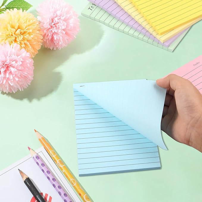 6 Pack to Do List Sticky Notes,4X6 in Lined Sticky Notes,300 Sheets Bright Color Self-Stick Note Pads,Super Adhesive Memo Pads, Easy to Post Notes for Study, Works and Daily Life (4X6 inch)