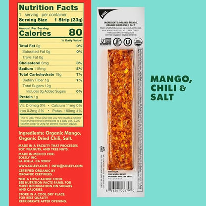 SOLELY - Organic Spicy Mango Chili and Salt Fruit Jerky - 1 Individually Wrapped Fruit Strip - Fruit Leather Made from Dried Fruit - Healthy Snacks for Adults & Kids - Vegan, Non GMO - 0.8oz (23g)