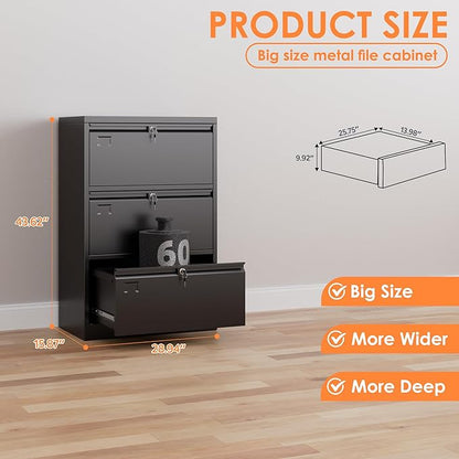 METAN Upgrade Metal 3 Drawer Lateral Files Cabinet for Home Office, Lockable Steel Wide File Storage Cabinet for Hanging Legal/Letter A4 Size, Assembly Required, Black