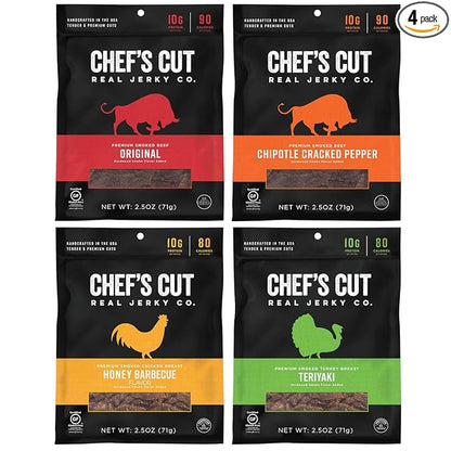 Chef's Cut Real Beef, Chicken, and Turkey Jerky Variety Pack, 2.5 Ounce (4 Pack)