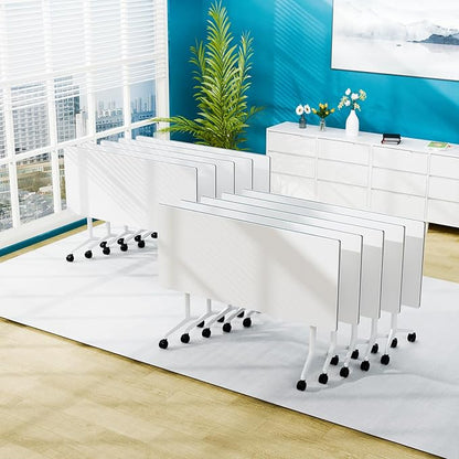 Conference Table Folding Conference Room Tables, Modern Mobile Meeting Training Table with Silent Wheels, Foldable Seminar Table for Offices, Classrooms, Libraries (10, White, 47.2in)