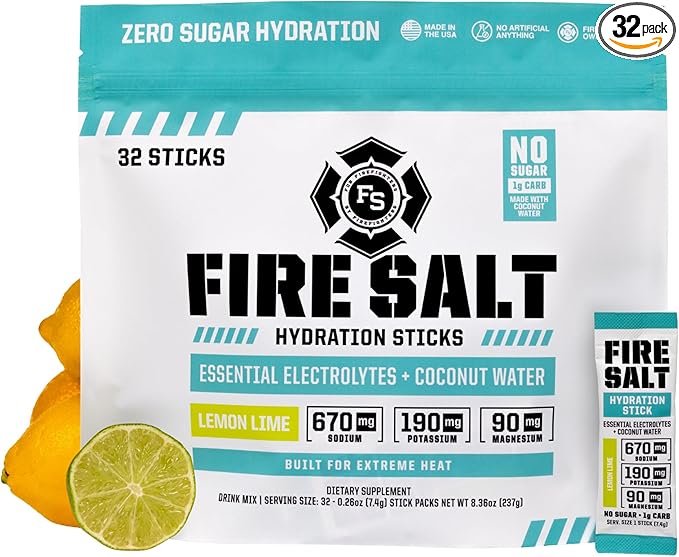 Fire Science Fire Salt Hydration Sticks, Electrolytes & Coconut Water, Hydration Drink Mix with Magnesium, Potassium & Sodium, Zero Sugar, Single Serve On The Go Packs, Lemon Lime Flavor, 32 Count