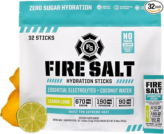 Fire Science Fire Salt Hydration Sticks, Electrolytes & Coconut Water, Hydration Drink Mix with Magnesium, Potassium & Sodium, Zero Sugar, Single Serve On The Go Packs, Lemon Lime Flavor, 32 Count