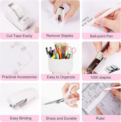 Desk Organizers and Accessories Set with 360-Degree Rotating Pen Holder, Tape Dispenser, Stapler, Staple Remover, 1000 Staples, Tape, Clips Set, Ruler, Scissor, Pen (White, 10 Pcs Set)