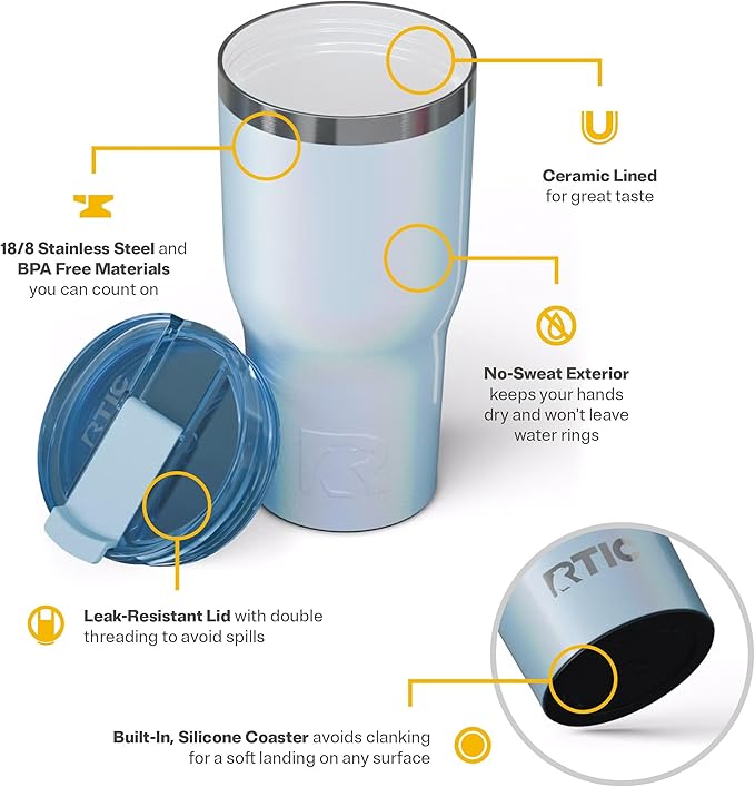 RTIC 30oz Essential Tumbler with Lid, Ceramic Lined, Insulated, Stainless Steel, Metal, Double Wall Vacuum-Insulation, Travel Cup for Iced Coffee, Tea, Hot and Cold Drink, RTIC Ice Glitter