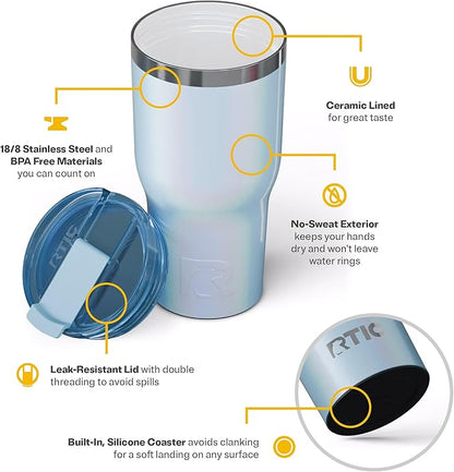 RTIC 30oz Essential Tumbler with Lid, Ceramic Lined, Insulated, Stainless Steel, Metal, Double Wall Vacuum-Insulation, Travel Cup for Iced Coffee, Tea, Hot and Cold Drink, RTIC Ice Glitter