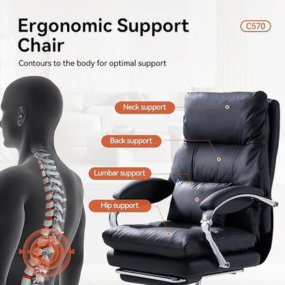 LEAGOO Office Chair with Foot Rest, Executive Reclining Office Chairs with Arms, Ergonomic High Back PU Leather Comfy Swivel Computer Desk Chairs with Wheels and Lumbar Support for Home Office, Black